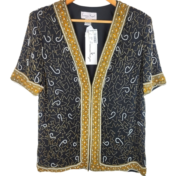 NWT Vintage Laurence Kazar Heavily Beaded Silk Event Short Sleeve Jacket SZ L - Picture 3 of 12